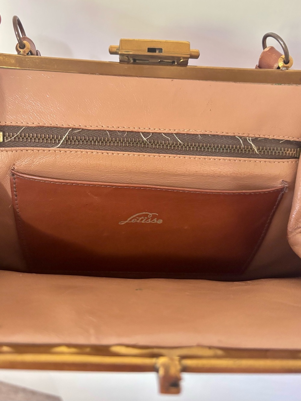 Letisse| Vintage Cognac Genuine Leather Frame Top Handle Handbag Satchel 60s 70s - Picture 8 of 8